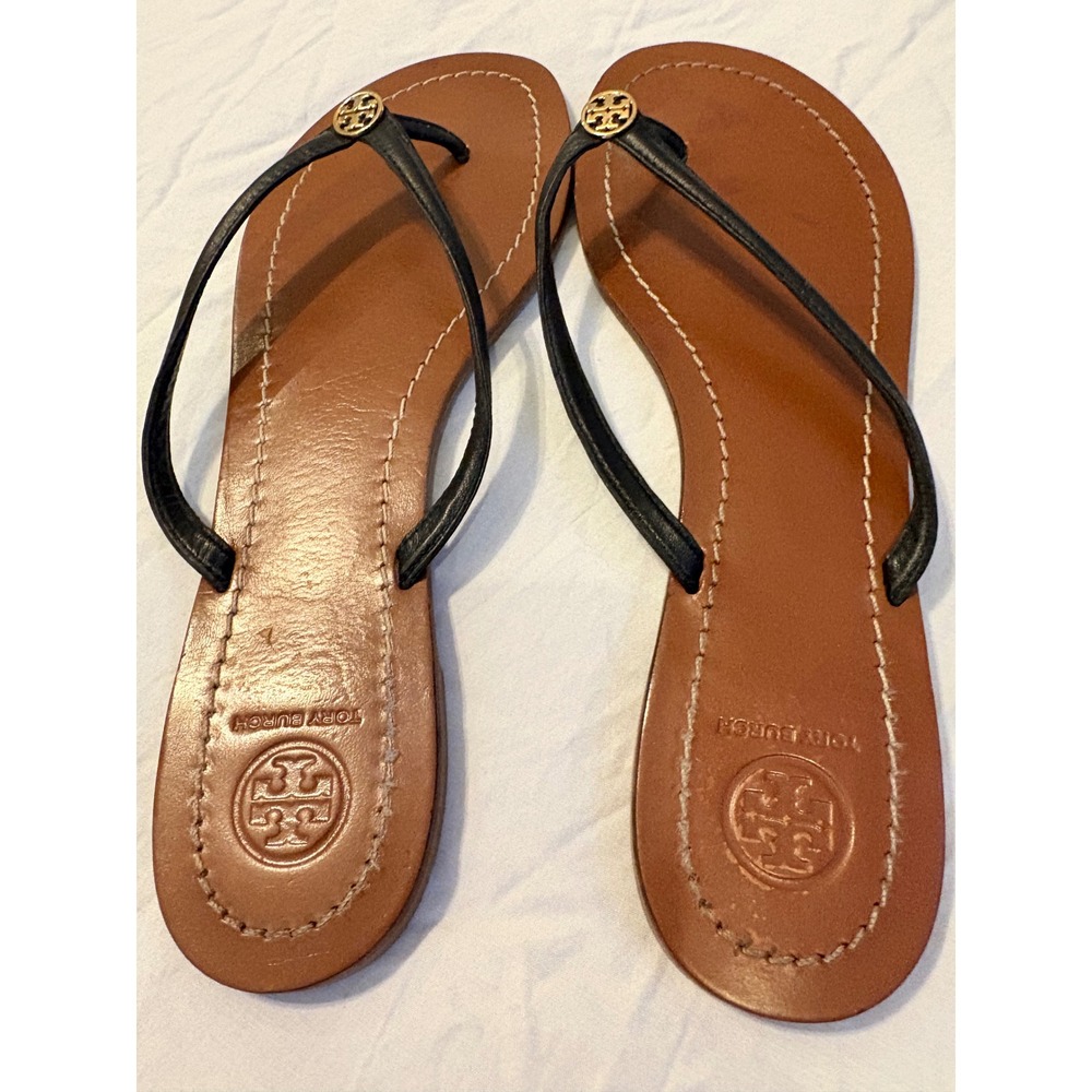 Tory Burch Emmy Black Tan Leather Logo Thong Sandals Flip Flops 10M 55300 - Picture 3 of 6